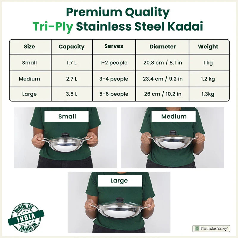 TurboCuk Tri-ply Stainless Steel Kadai+ Glass Lid, Premium Quality, 3 Layer Thick Body, 100% Toxin-free, Non-stick, Induction & Gas, 1.7/2.7/3.5L