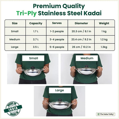 TurboCuk Tri-ply Stainless Steel Kadai+ Glass Lid, Premium Quality, 3 Layer Thick Body, 100% Toxin-free, Non-stick, Induction & Gas, 1.7/2.7/3.5L