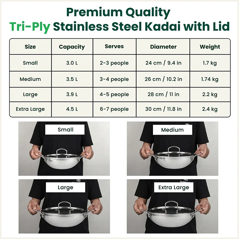 TurboCuk Tri-ply Stainless Steel Kadai+ Steel Lid, Premium Quality, 3 Layer Thick Body, 100% Toxin-free, Non-stick, Induction & Gas, 3L/3.5L/3.9L/4.5L