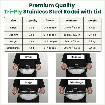 TurboCuk Tri-ply Stainless Steel Kadai+ Steel Lid, Premium Quality, 3 Layer Thick Body, 100% Toxin-free, Non-stick, Induction & Gas, 3L/3.5L/3.9L/4.5L