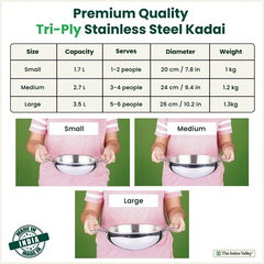 TurboCuk Tri-ply Stainless Steel Kadai, Premium Quality, 3 Layer Thick Body, 100% Toxin-free, Non-stick, Induction & Gas, Free ₹110 Spatula, 1.7/2.7/3.5L