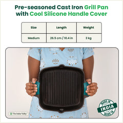 CASTrong Cast Iron Double Handle Grill Pan with Silicon Handle, Pre-seasoned, Naturally Nonstick, 100% Pure, Toxin-free Grill Pan for Kitchen Use, 10.4 In/26.5 cm/2 kg