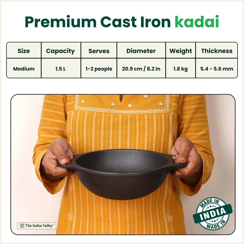 CASTrong Cast Iron Kadai, Pre-seasoned, Nonstick, 100% Pure, Toxin-free, Medium 20.9cm, 1.8kg
