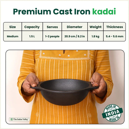 CASTrong Cast Iron Kadai, Pre-seasoned, Nonstick, 100% Pure, Toxin-free, Medium 20.9cm, 1.8kg