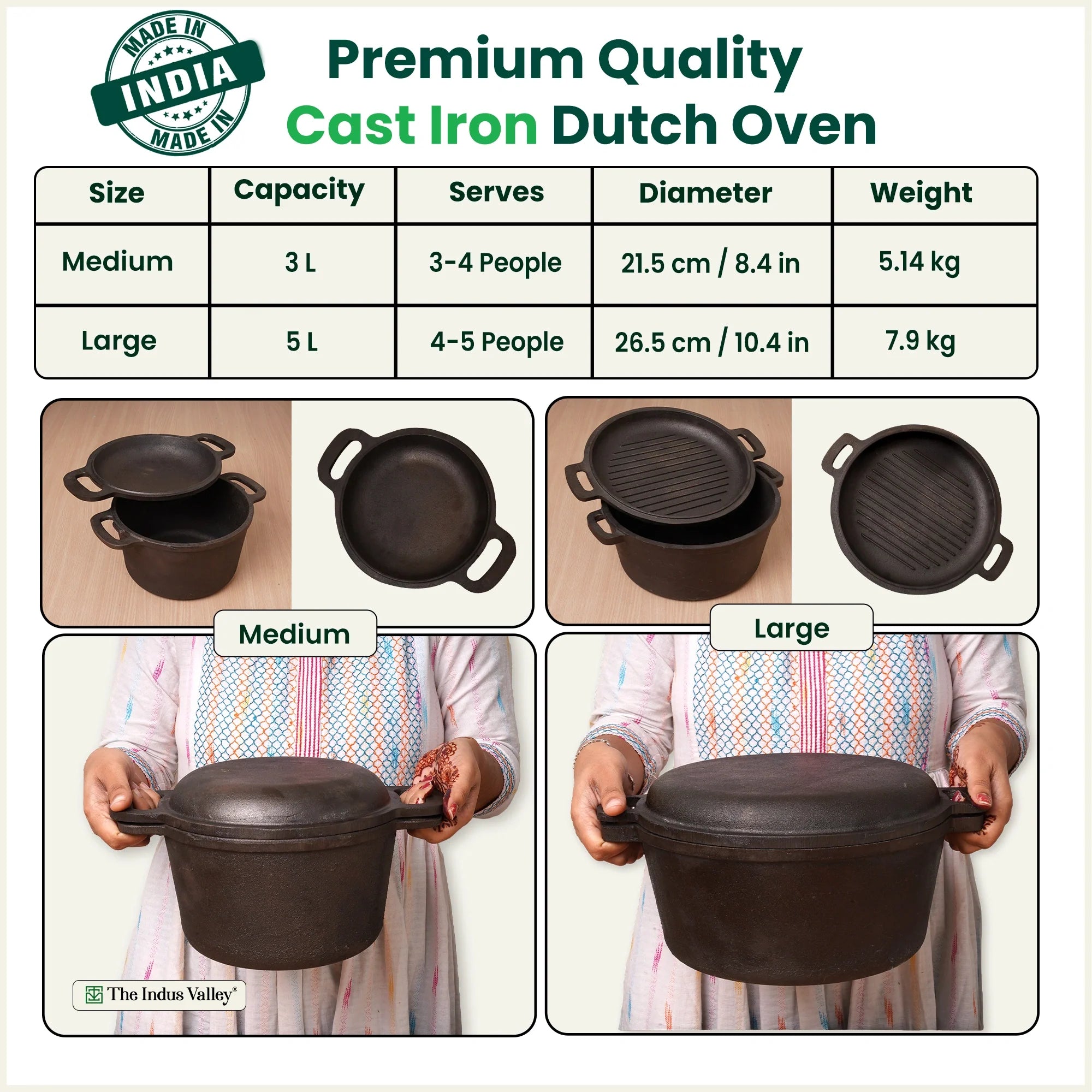 CASTrong Cast Iron Dutch Oven/ Casserole with Lid,Pre-seasoned, 100% Pure, Toxin-free, Induction, 21.4cm, 3L, 5.14kg