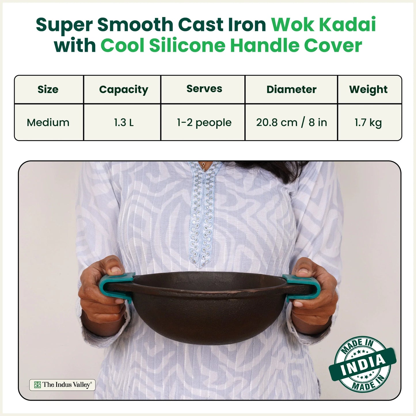 CASTrong Cast Iron Kadai with Silicon Handle, Pre-seasoned, Naturally Nonstick, 100% Pure, Toxin-free Kadai 8 In/20.8 cm/1.7 kg