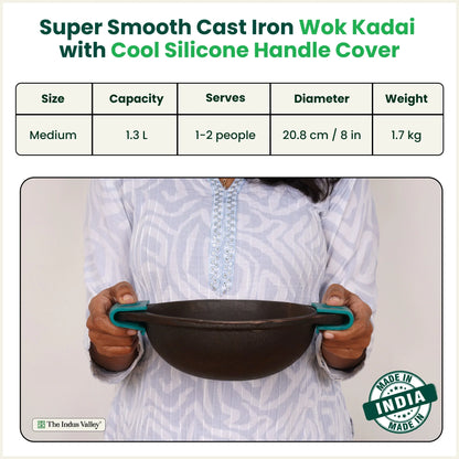 CASTrong Cast Iron Kadai with Silicon Handle, Pre-seasoned, Naturally Nonstick, 100% Pure, Toxin-free Kadai 8 In/20.8 cm/1.7 kg
