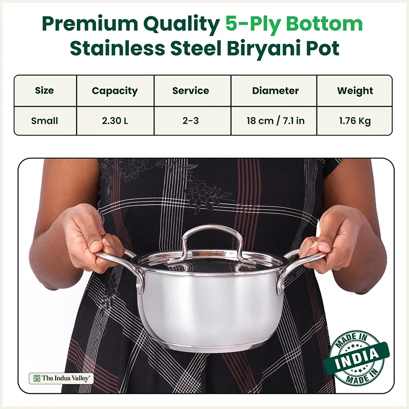 Tri-ply Stainless Steel Biryani Pot/ Casserole/ Sauce Pot with Steel Lid, Premium Quality, 3 Layer Thick Body and 5-ply Bottom, 100% Toxin-free, Non-stick, Induction & Gas, 2.3L/18cm