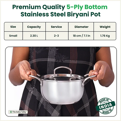 Tri-ply Stainless Steel Biryani Pot/ Casserole/ Sauce Pot with Steel Lid, Premium Quality, 3 Layer Thick Body and 5-ply Bottom, 100% Toxin-free, Non-stick, Induction & Gas, 2.3L/18cm