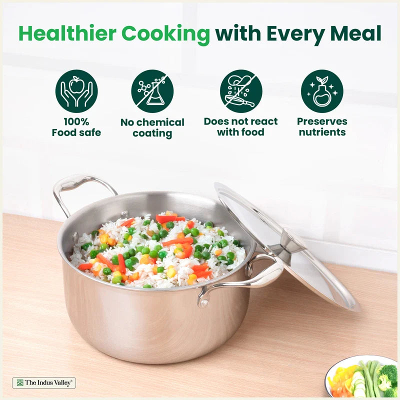 Tri-ply Stainless Steel Biryani Pot/ Casserole/ Sauce Pot with Steel Lid, Premium Quality, 3 Layer Thick Body, 100% Toxin-free, Non-stick, Induction & Gas 3.2L/3.7L/5.5L/8.5L