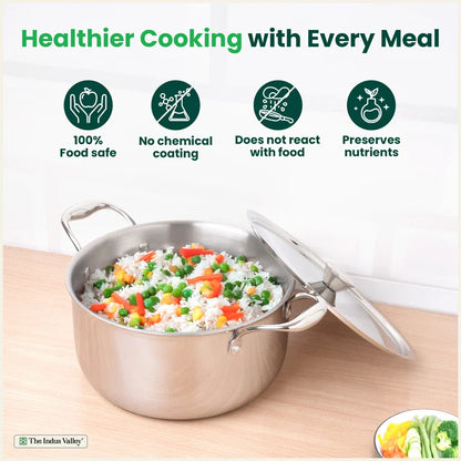 Tri-ply Stainless Steel Biryani Pot/ Casserole/ Sauce Pot with Steel Lid, Premium Quality, 3 Layer Thick Body, 100% Toxin-free, Non-stick, Induction & Gas 3.2L/3.7L/5.5L/8.5L