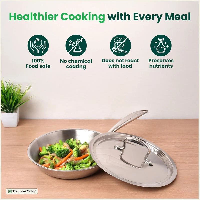 Premium Quality Tri-ply Stainless Steel Fry Pan with Lid, 3 Layer Thick Body, 100% Toxin-free, Non-stick, Induction & Gas,  20/22 cm, 1/1.5 L