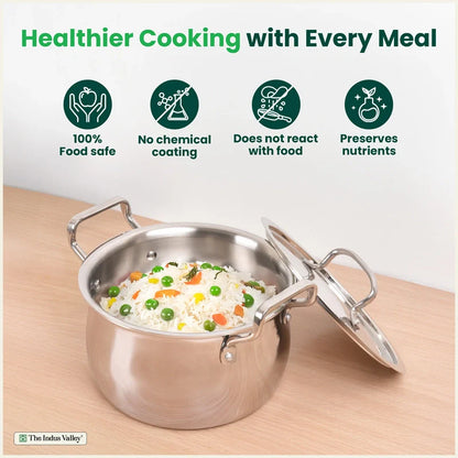 Tri-ply Stainless Steel Handi Shaped Biryani Pot/ Casserole/ Sauce Pot with Steel Lid, Premium Quality, 3 Layer Thick Body, 100% Toxin-free, Non-stick, Induction & Gas, 2L/2.6L/4L/4.5L/6.5L