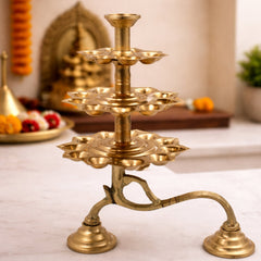 Brass 3 Layer Aarti Lamp 3 Tier Aarti Diya Traditional 3 Step Deepam Multi Tier Pooja Deepam Tripadi Trishreni Deepam Temple Aarti Lamp Brass Pooja Diya Stand for Home Mandir Festival Pooja Decor, Gold, 9.5 Inch, 1 Piece