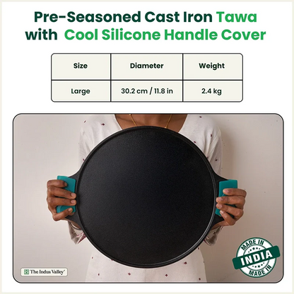 CASTrong Cast Iron Double Handle Tawa with Silicon Handle, Pre-seasoned, Naturally Nonstick, 100% Pure, Toxin-free, Dosa Tawa for Kitchen Use, 11.8 In/30.2 cm/2.4 kg