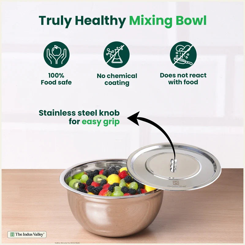 100% Toxin-free Premium Quality  Tri-Steel Stainless Steel Mixing Bowl Set with Lids – 3 Pieces, Food-Safety, Ideal for Mixing, Marinating & Storage (0.7L/1.0L/1.3L)