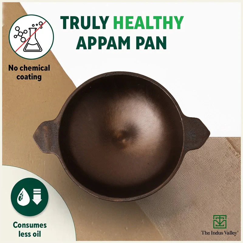 Super Smooth Cast Iron Appam Pan/Appachetty, Glass Lid,Pre-seasoned, Nonstick, 100% Pure, Toxin-free, 22cm, 1.9kg