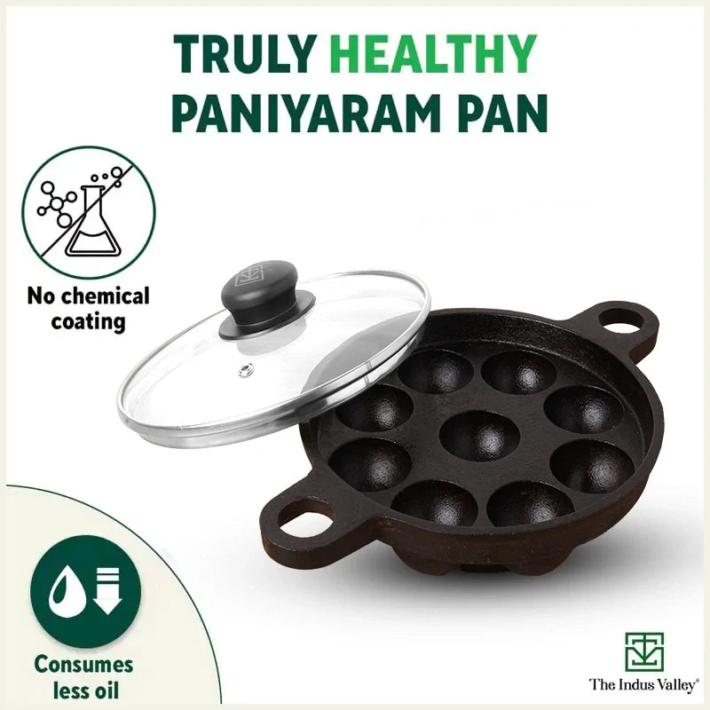 9 Pit/Cup CASTrong Cast Iron Paniyaram/Appe Pan+ Glass Lid, Pre-seasoned, Natural Nonstick, 100% Pure, Toxin-free, 21 cm, 2.7 kg