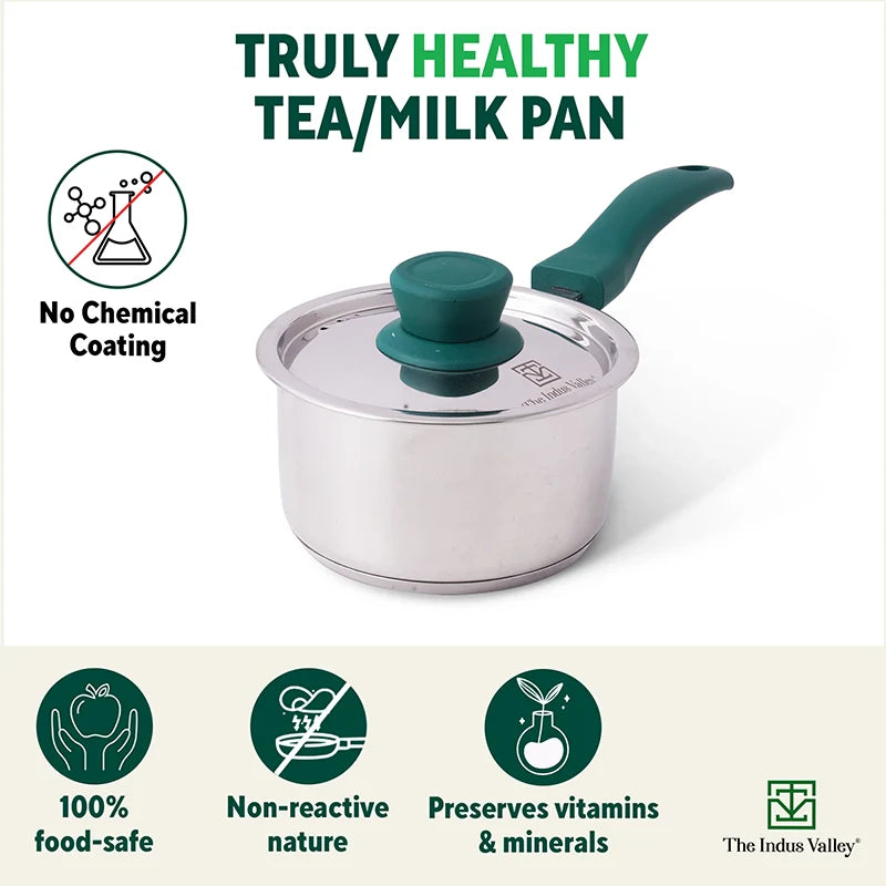Tri-Steel Stainless Steel Tea/Milk Pan+ Lid, Premium Quality, Tri-ply (3 Layer) Bottom, Soft-touch Handle, 100% Toxin-free, Non-stick, Induction & Gas, 1/1.4 L, 14/16 cm