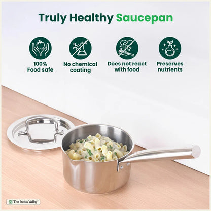 100% Premium Quality Tri-Steel Stainless Steel Tea/Milk Pan/Saucepan, 3 Layer Thick Bottom, Non-stick,  Induction & Gas, 1.3L