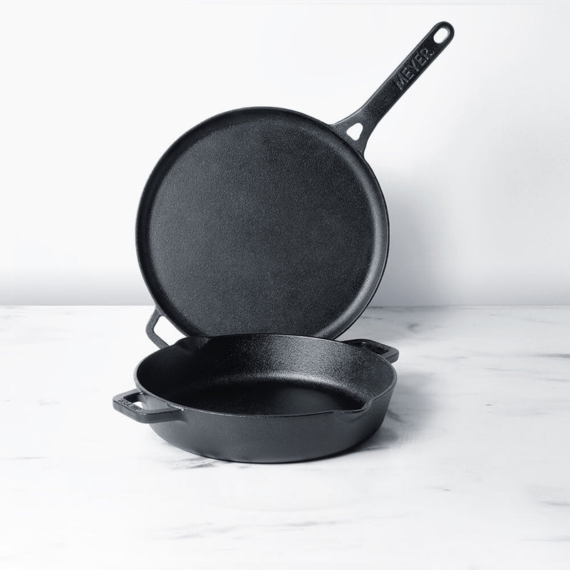 Meyer Pre Seasoned Cast Iron 2 Piece cookware Set 24cm Skillet + 28cm Flat Dosa tawa