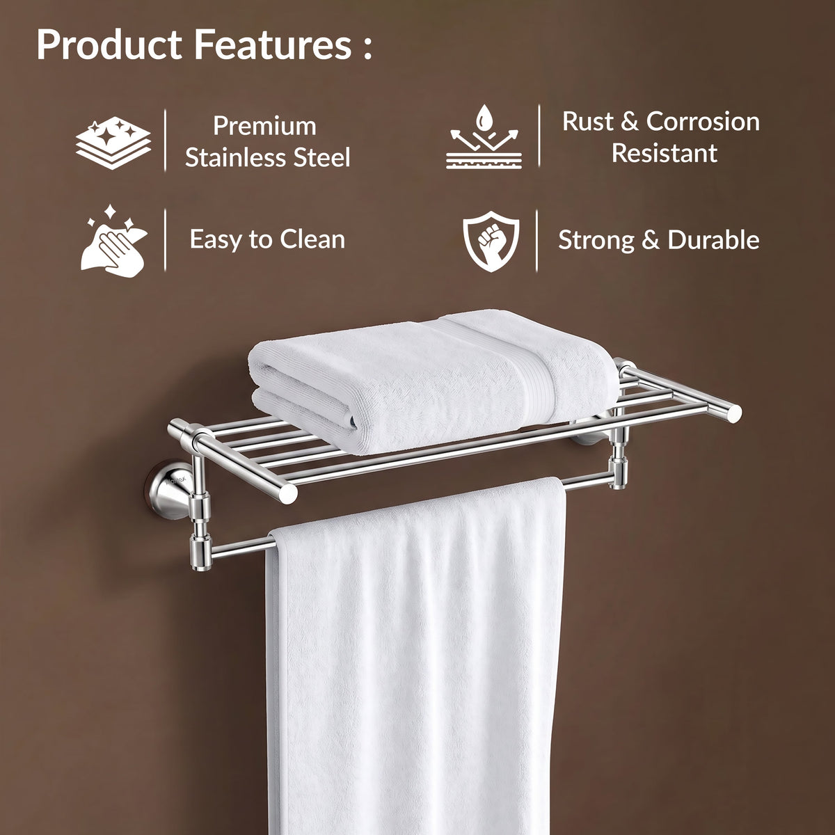 Plantex 304 Grade Stainless Steel Towel Rack for Bathroom/Towel Stand/Hanger/Bathroom Accessories - Niko (18 Inch-Chrome)-3