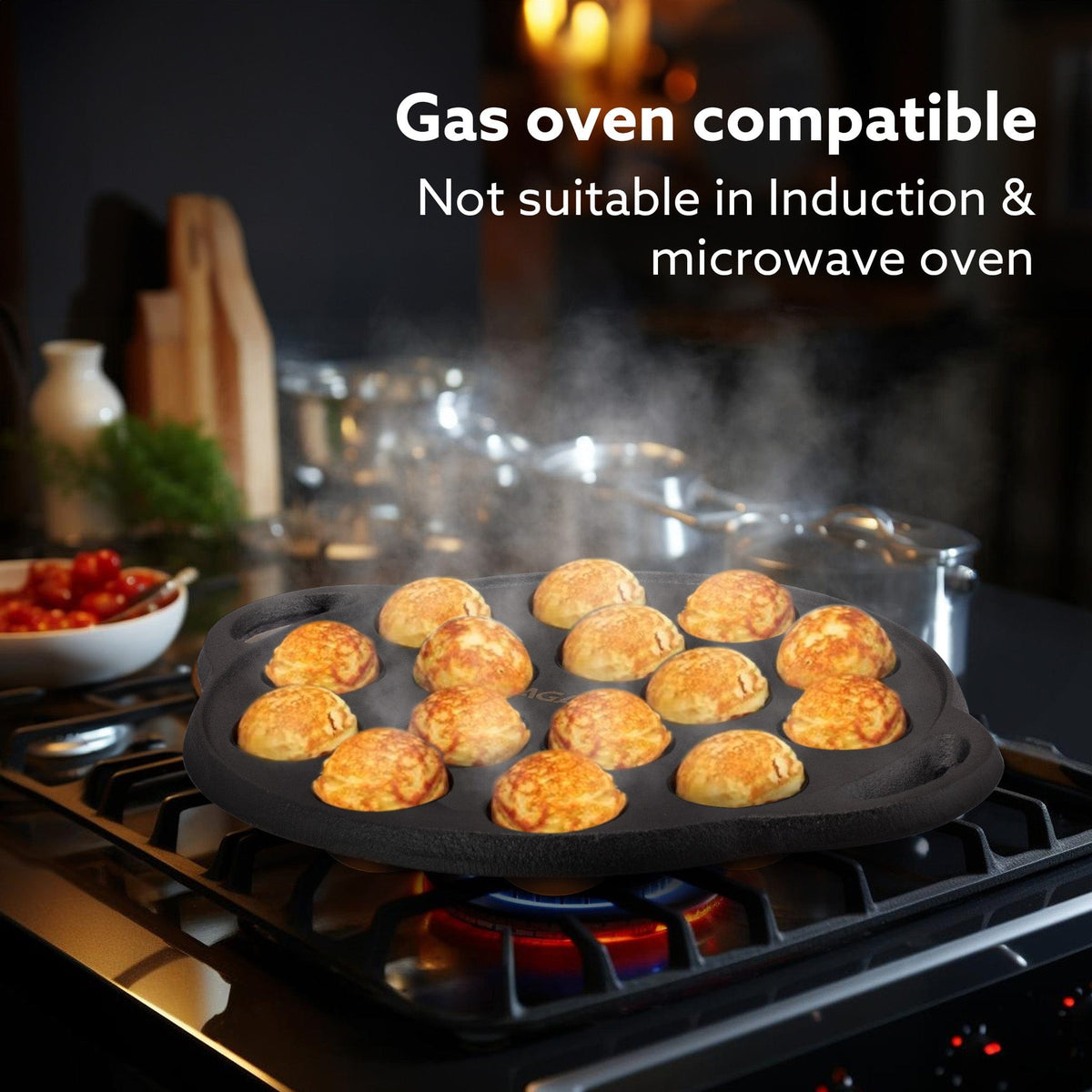 AGARO Royal Pre-Seasoned Cast Iron Paniyaram Pan, 15 pits (4cm x 2cm Each), No Chemical Coating, Rigid Handle, Fast Heat