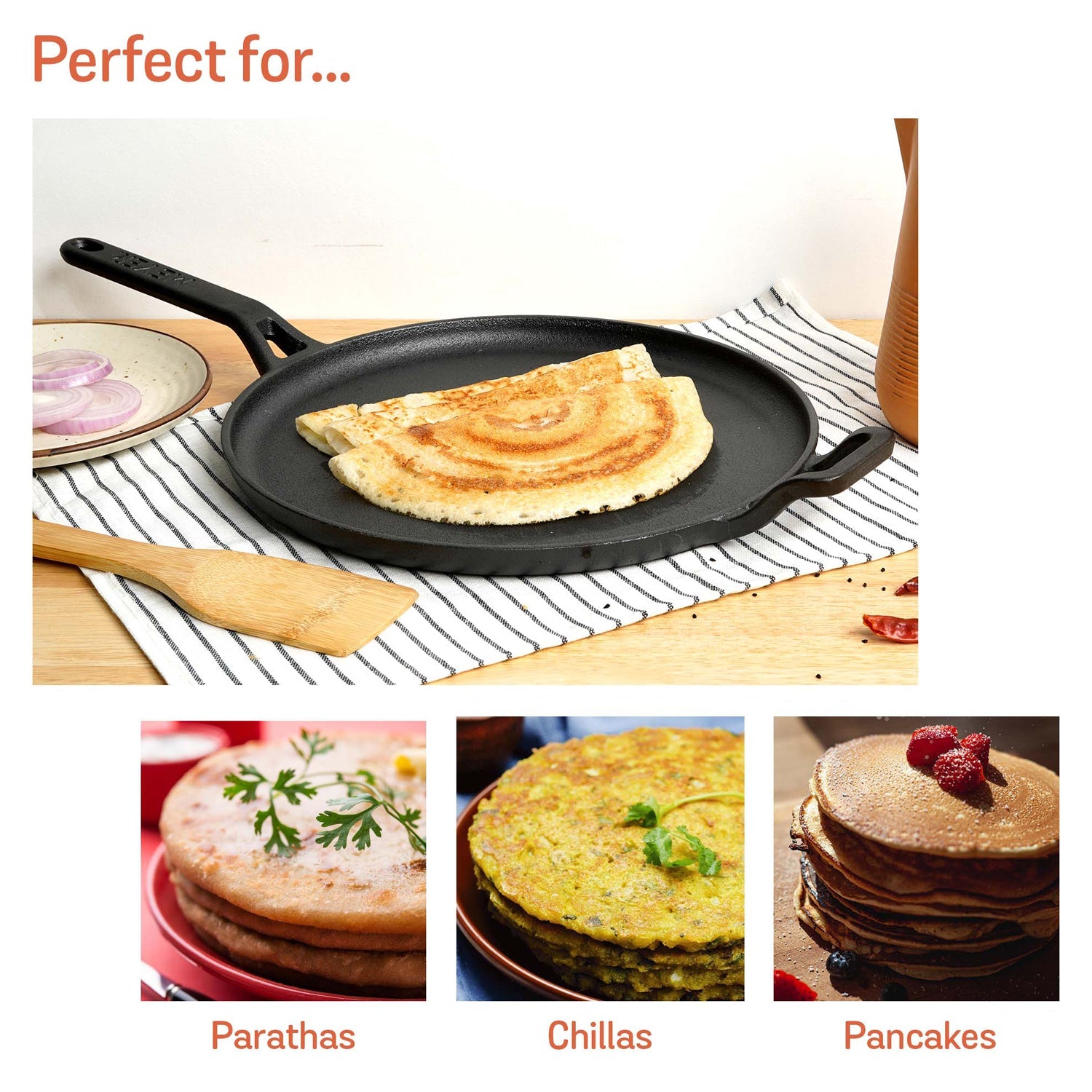MEYER 3pcs Cookware Set (Presta 5.5L Pressure Cooker+22cm Steel Kadai+24cm Cast Iron Dosa Tawa)
