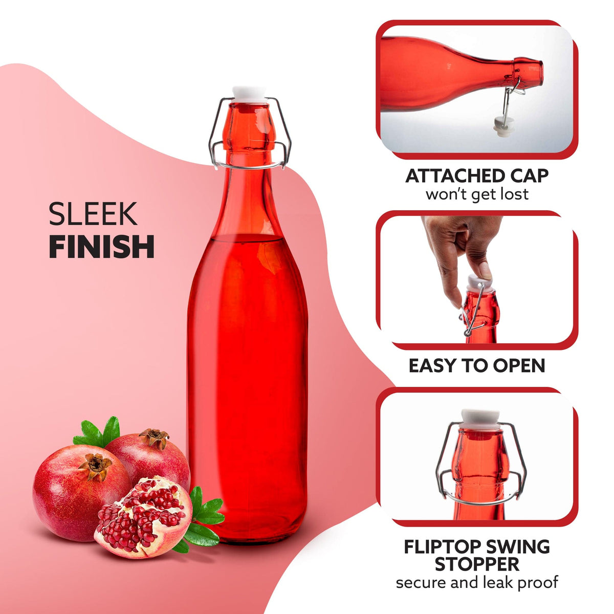 AGARO Elegant Flip Top Glass Bottle 1L, 1000ml, Freezer Safe & Leakproof Flip Cap Colour & Stylish