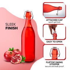 AGARO Elegant Flip Top Glass Bottle 1L, 1000ml, Freezer Safe & Leakproof Flip Cap Colour & Stylish