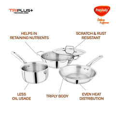 Praylady Triplus Triply Stainless Steel Cookware Set – 4 Pieces (Fry Pan + Tadka Pan + Kadai/Casserole + Lid) | Induction Base