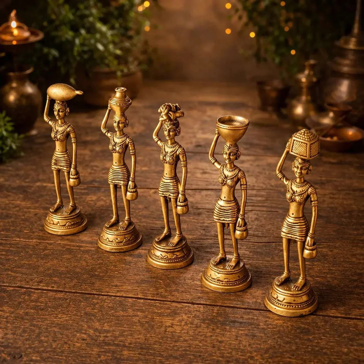 Brass Tribal Lady Statue Decor Set Of Five (7.5 Inch)