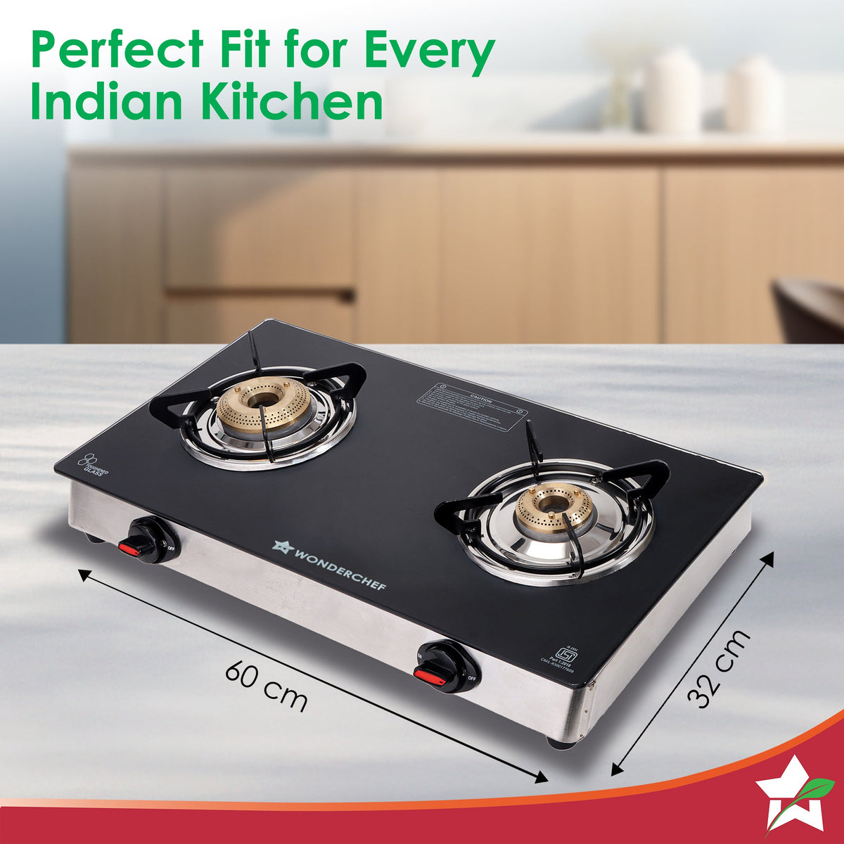 Wonderchef Regal 2 Brass Burner Gas Stove, LPG Gas Stove for Kitchen, ISI Toughened Glass Surface, SS Frame, Spill-proof