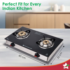 Wonderchef Regal 2 Brass Burner Gas Stove, LPG Gas Stove for Kitchen, ISI Toughened Glass Surface, SS Frame, Spill-proof