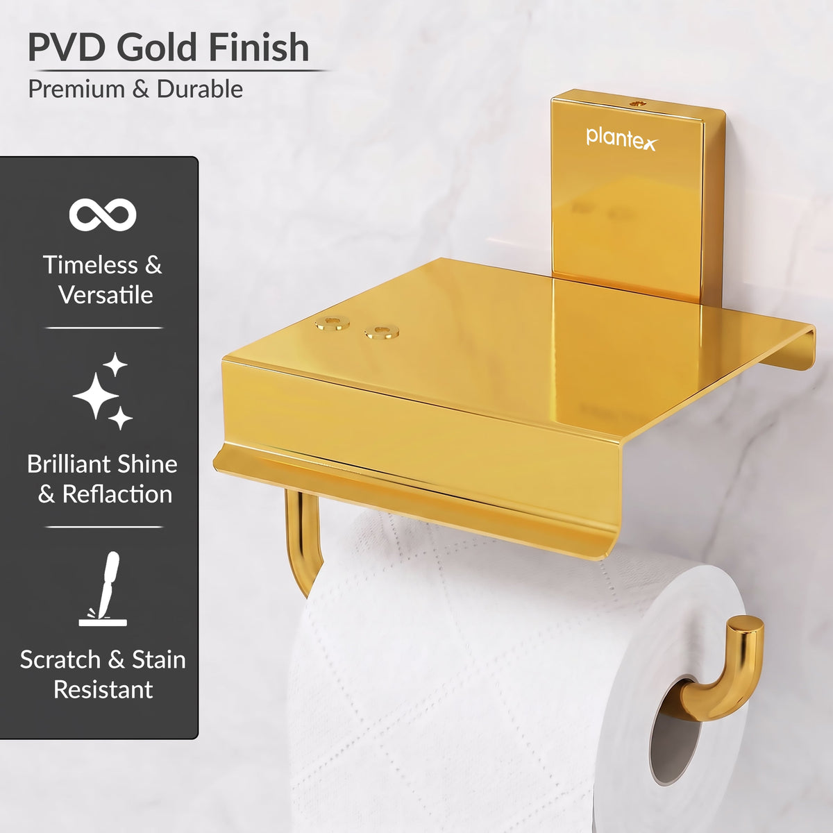 Plantex 304 Grade Stainless Steel Tissue Paper Roll Holder/Toilet Tissue Holder with Mobile Stand/Bathroom Accessories (Crystal, PVD Gold)-5