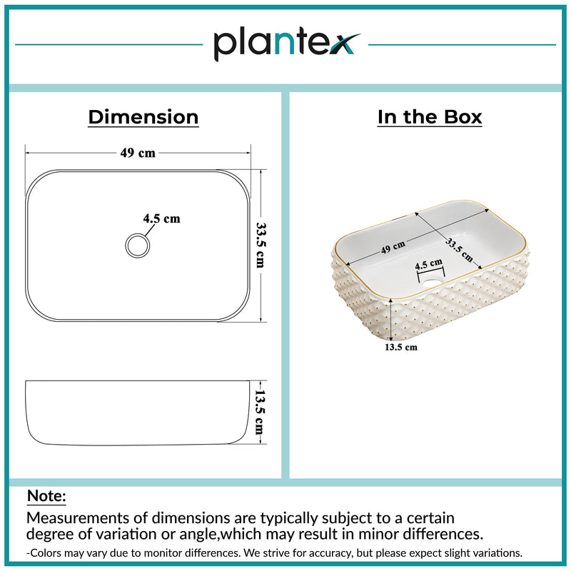 Plantex Wash Basin/Ceramic Table Top Wash Basin/Designer Countertop Basin for Bathroom/Restaurants/Hotel Rectangular (294, White & Gold, 19 x 13 x 5 Inch)-2