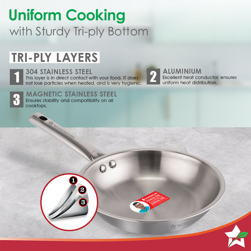 Wonderchef Stella Triply Stainless Steel Cookware Set | 3 Pcs. | Fry Pan 22 cm, Kadhai 22 cm + Lid | For Gas Stove, Indu