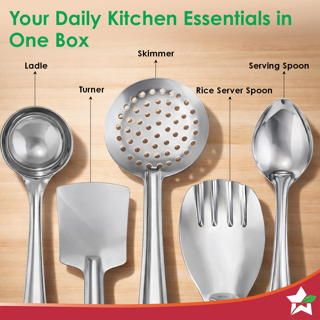 Wonderchef Venice 5 Pcs. Stainless-steel Kitchen Tools Set, Ladle, Turner, Skimmer, Serving Spoon, Rice Server for Cooki