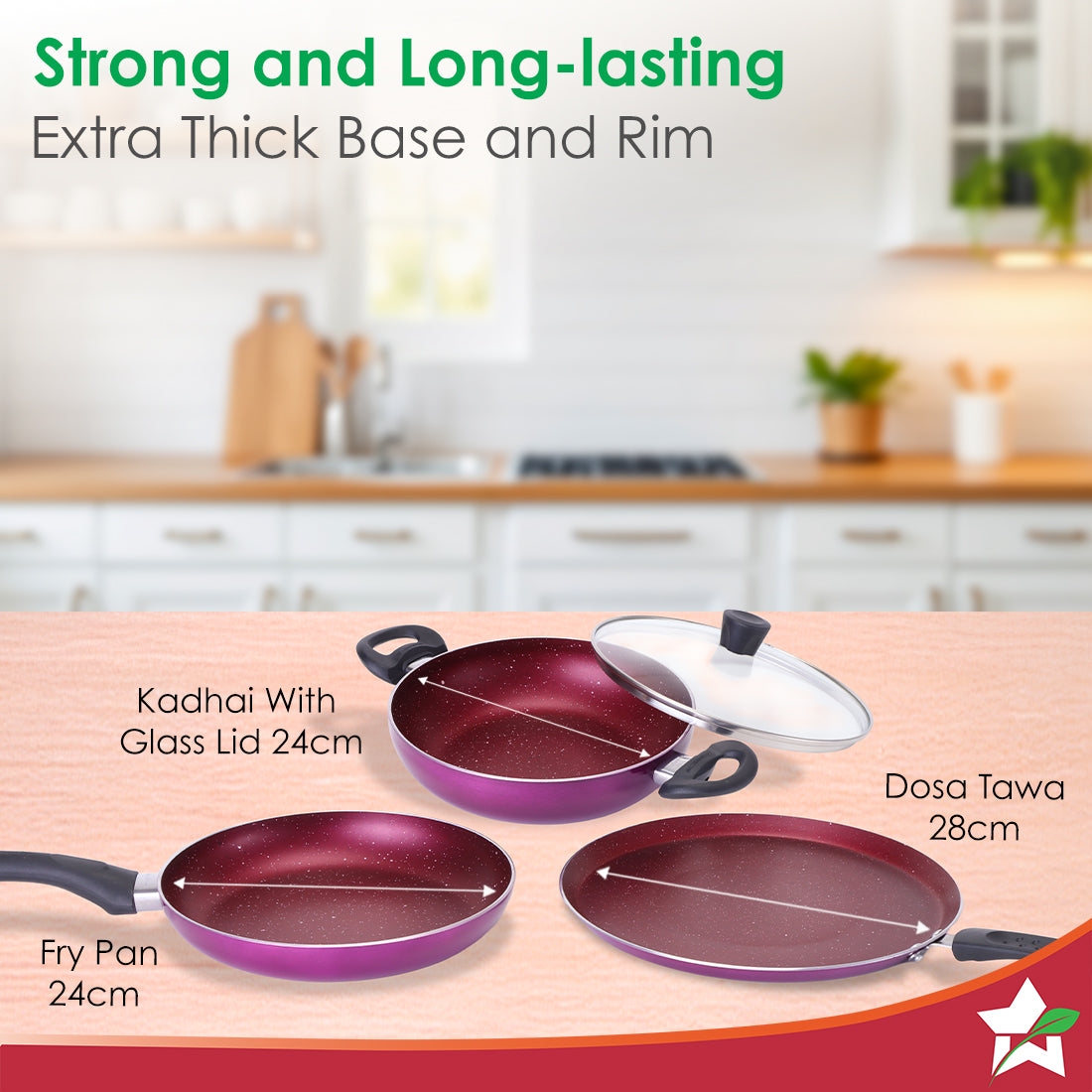 Bandhan Non-stick Cookware 4 Pc. Set | Perfect Gift | Fry Pan, Dosa Tawa, Kadhai with Glass Lid | Healthy, Low Oil Meals | Scratch-resistant | Gas & Induction Compatible | Easy to Clean