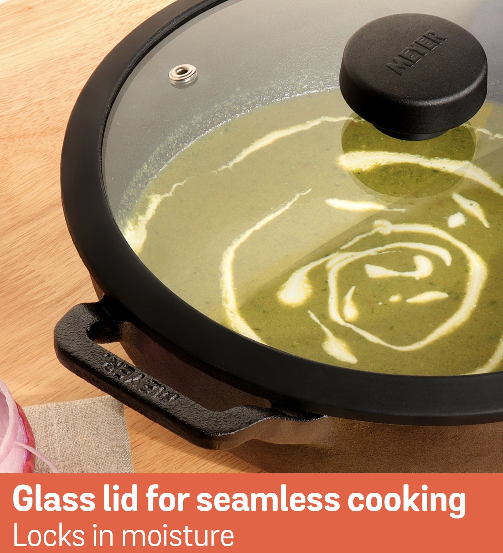Meyer Pre Seasoned Cast Iron shallow Kadai With Glass Lid ,30cm