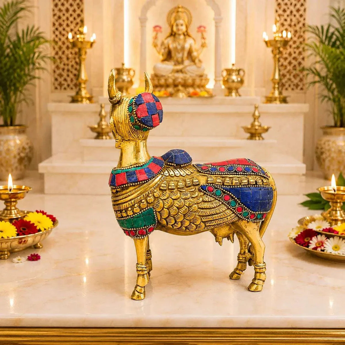 Brass Stone Work Standing Cow Idol