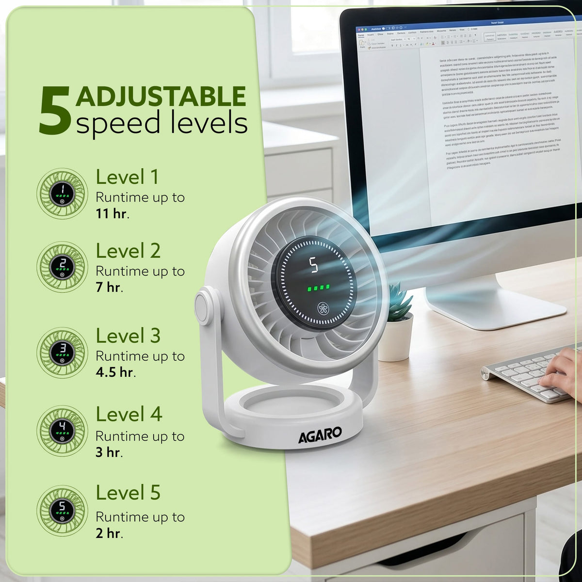 AGARO Regal Rechargeable Digital Desk Fan, 6 Inch, 3600mAh Battery, 5 Speeds, Type-C Charging, LED Display, Brushless Motor, Low Noise Operation, Personal Mini Table Fan for Home Office Bedroom Travel-3