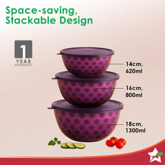 Wonderchef Modena Stainless-steel 3 Pc. Bowl Set with Airtight Lid, 14 cm (620ml), 16 cm (800ml), 18 cm (1.3 L), Stackab