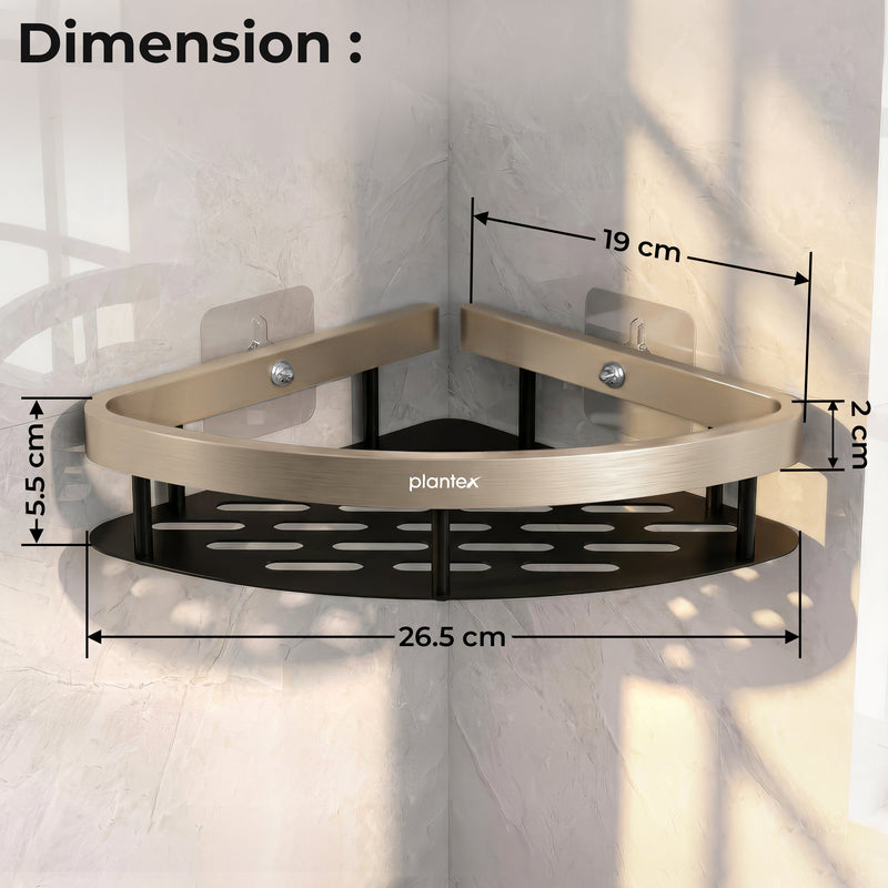Plantex Self Adhesive Corner Shelf for Bathroom Wall/Aluminium & Stainless Steel Corner Shelf/Storage Organizer/Bathroom Accessories Set- Pack of 1 (8 x 8 inch, Satin & Black)-2