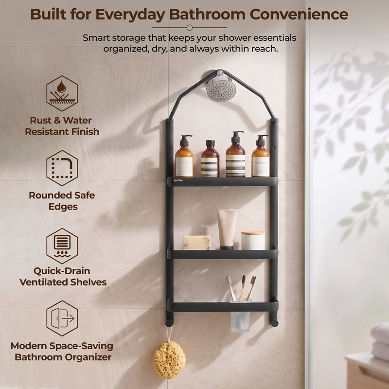 Plantex Stainless Steel Shower Rack/Self Adhesive Shower Caddy for Bathroom Hanging/3 Layer Shower Shelf for Bathroom with Soap Dish Holder,Toothbrush Holder (1520, Black)-5