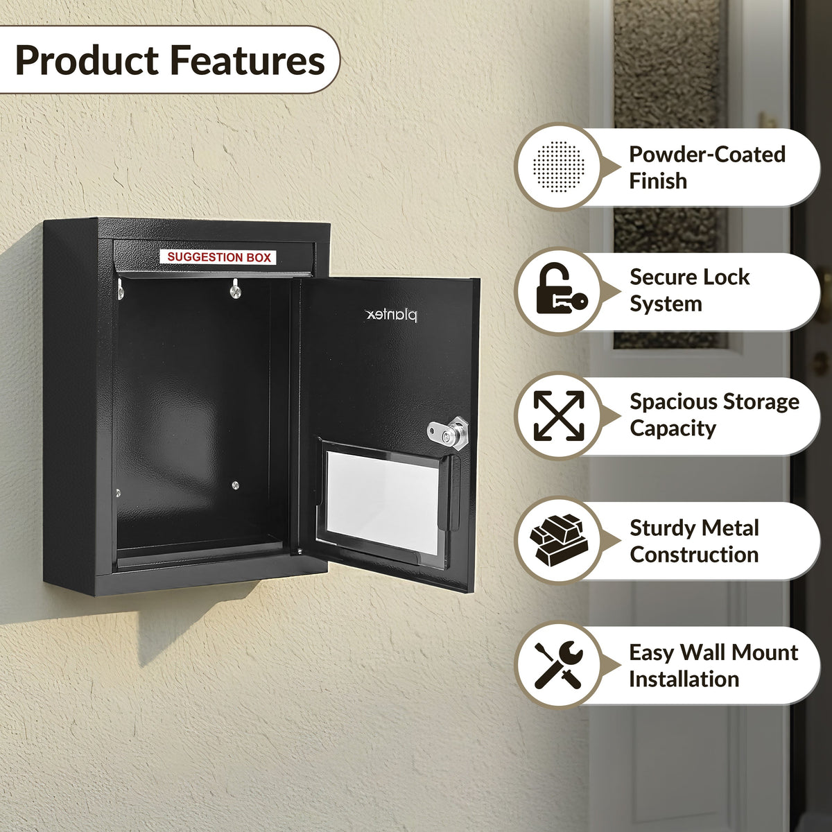 Plantex All in 1 Letter Box/Multipurpose Box- Suggestion Box/Complaint Box/Post Box/Donation Box/Letter Box for Home gate and Office with Keylocks - Table Top, Wall Mounted - GI Steel (Black)-4