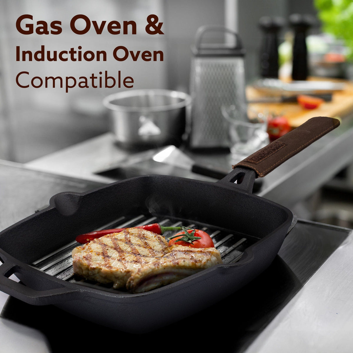 AGARO Royal Pre Seasoned Cast Iron Grill Pan, 24cm Diameter, 1.9L, No Chemical Coating, Rigid Handles, Fast Heating, Hea