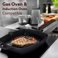 AGARO Royal Pre Seasoned Cast Iron Grill Pan, 24cm Diameter, 1.9L, No Chemical Coating, Rigid Handles, Fast Heating, Hea
