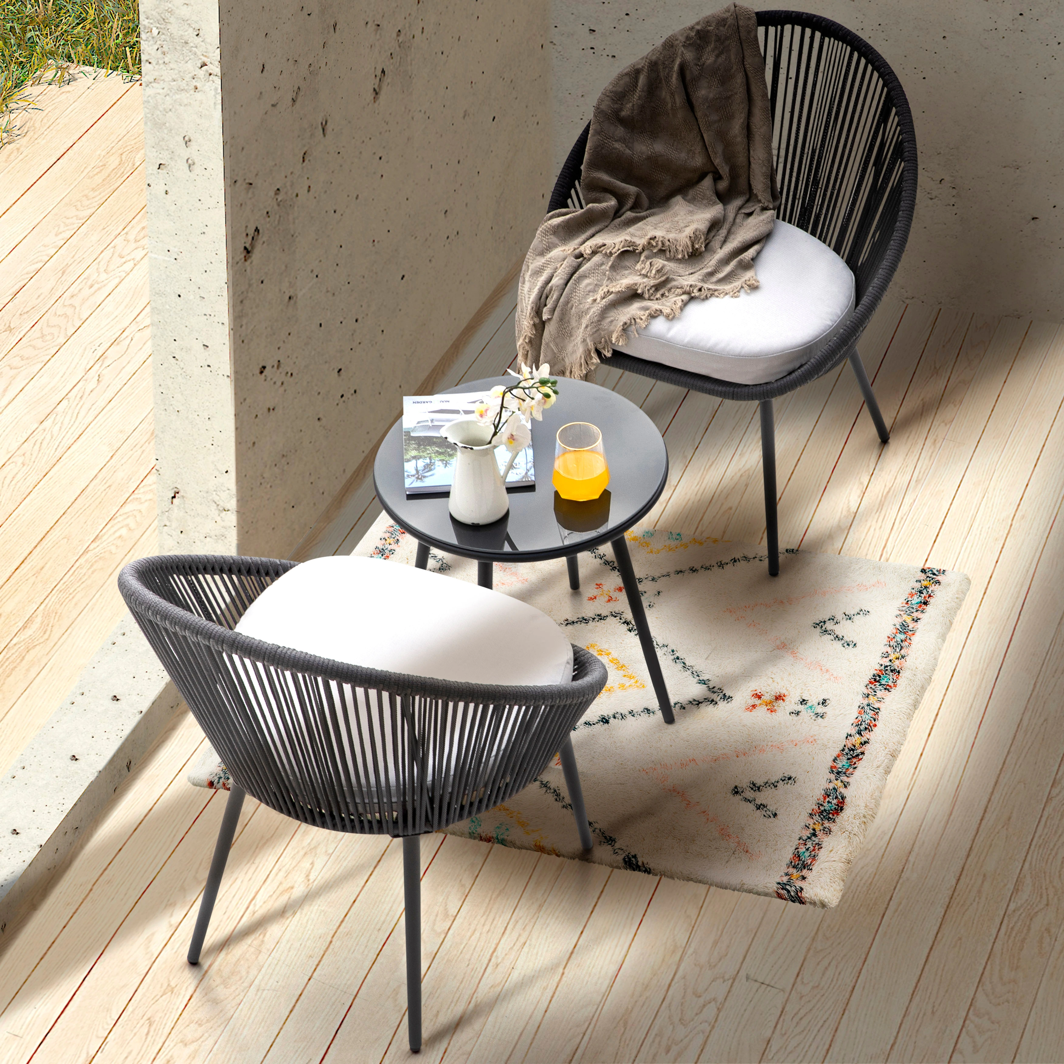 Volta Outdoor Patio Seating Set 2 Chairs and 1 Table Set (Black) Braided & Rope