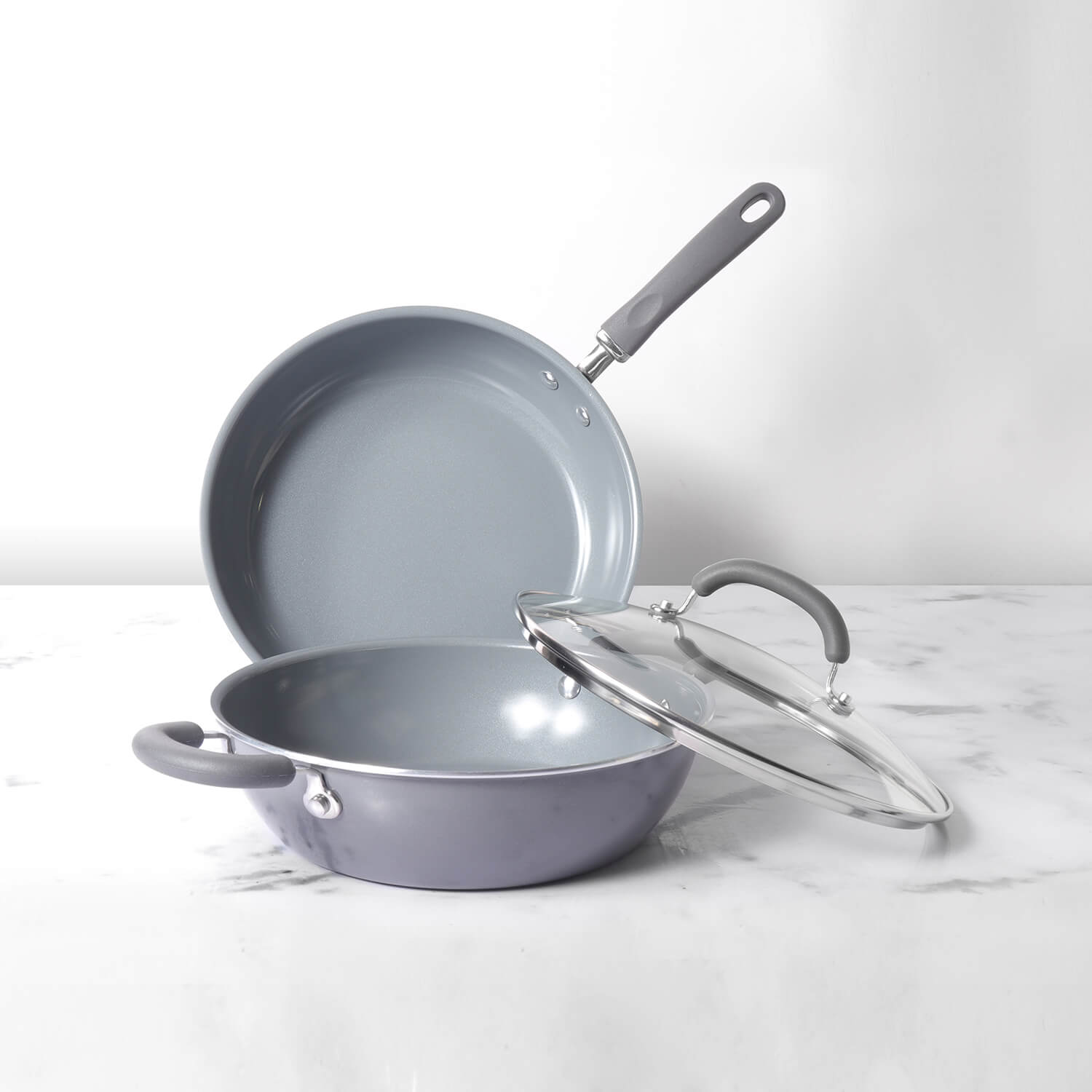 Meyer Anzen Ceramic Coated Cookware 3-Piece Set - 20cm Frypan + Wok/Kadai with Interchangeable Lid
